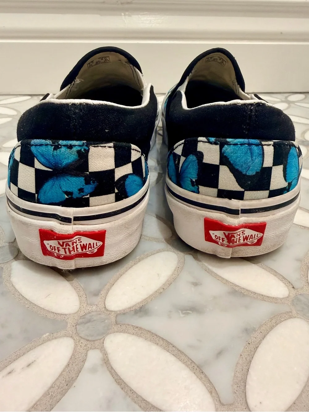 Sold Vans Classic Checkerboard Blue Butterfly Slip-On Sneakers 9 W / 7.5 M Skate - Picture 5 of 10